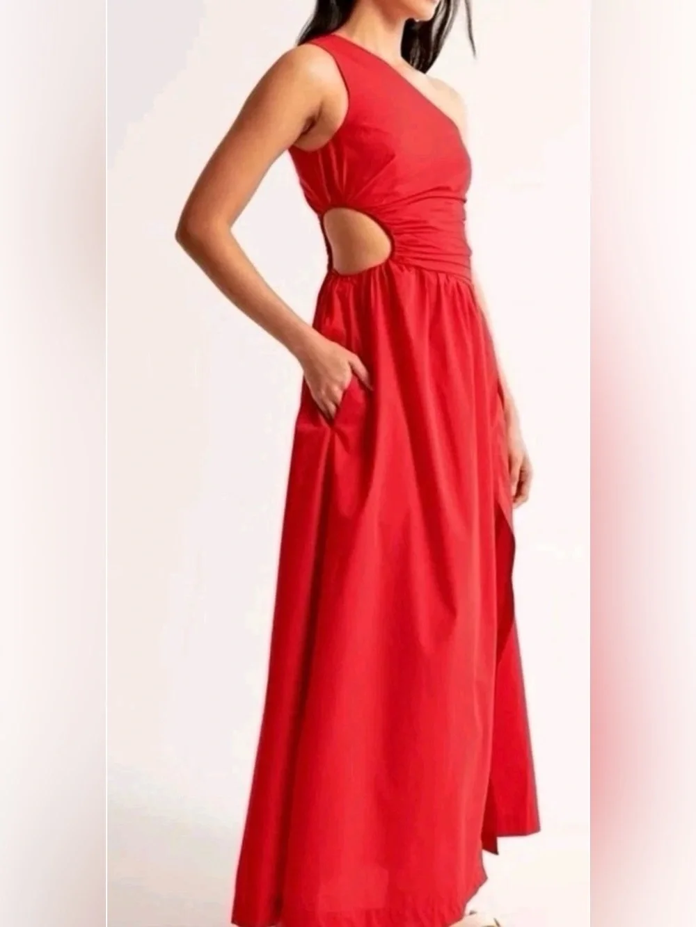 NWOT Abercrombie & Fitch Red One Shoulder Cut Out Ruched Cotton Maxi Dress L